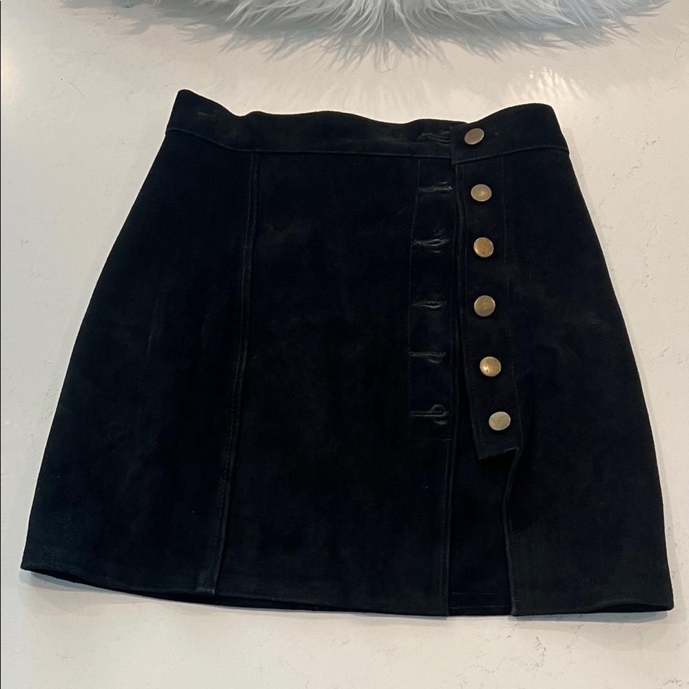 Free People Authentic Leather Gold Button-Front Suede Black Mini Skirt